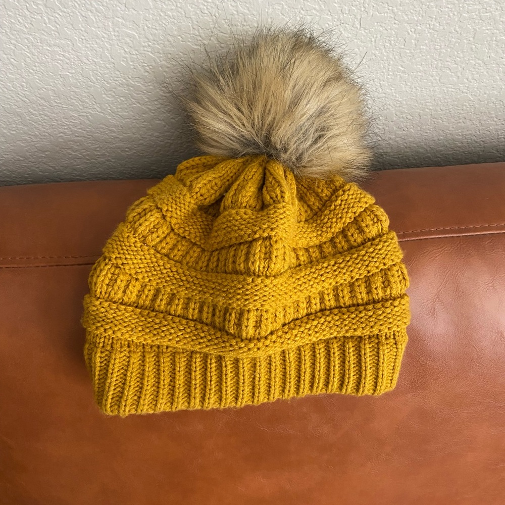 Yellow fur beanie
